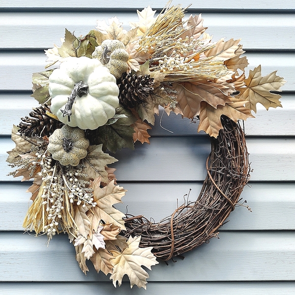 Fall Front Door Wreath Neutral Colors Handmade - Picture 1 of 5